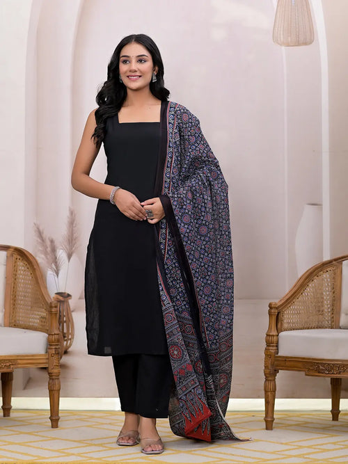 Black Pure Cotton Straight Suit Set