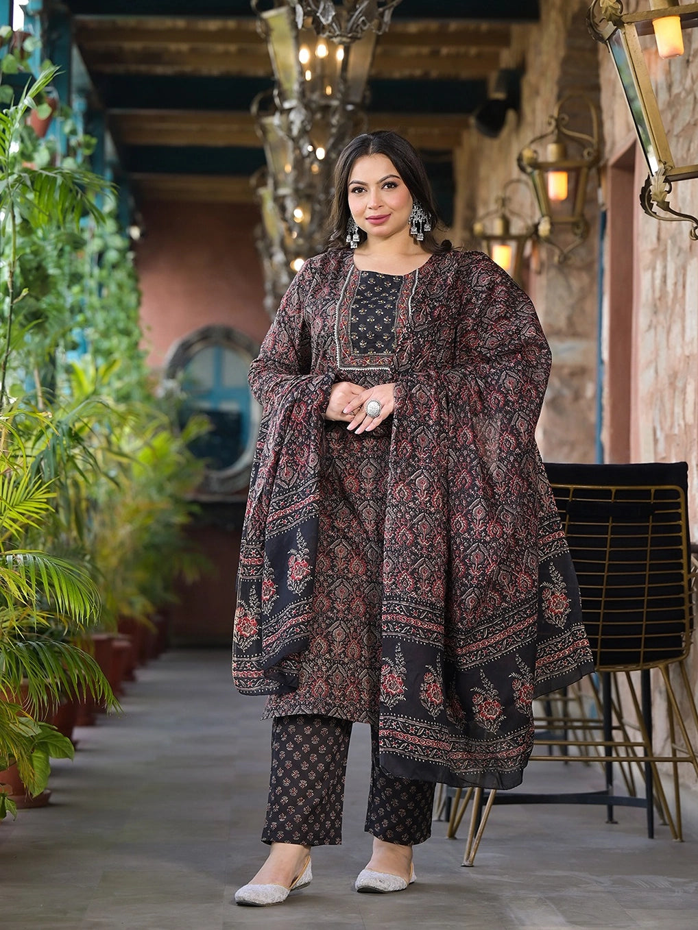 Black & Red Floral Print Straight Plus size Kurta Trouser And Dupatta Set