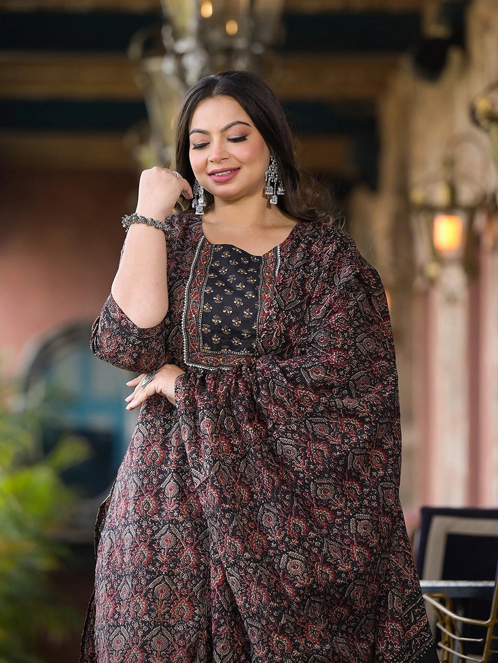 Black & Red Floral Print Straight Plus size Kurta Trouser And Dupatta Set