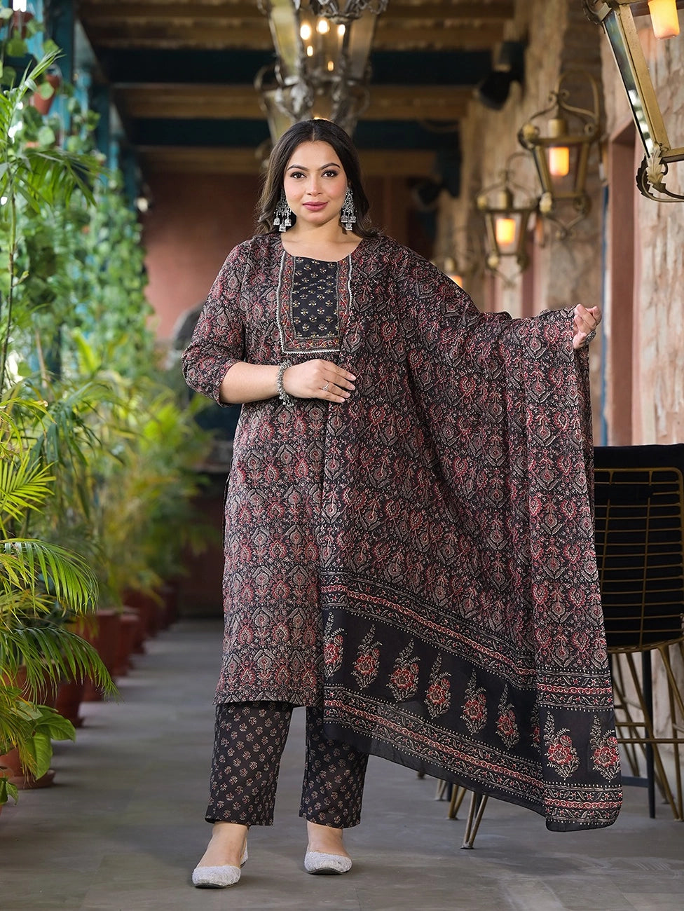 Black & Red Floral Print Straight Plus size Kurta Trouser And Dupatta Set