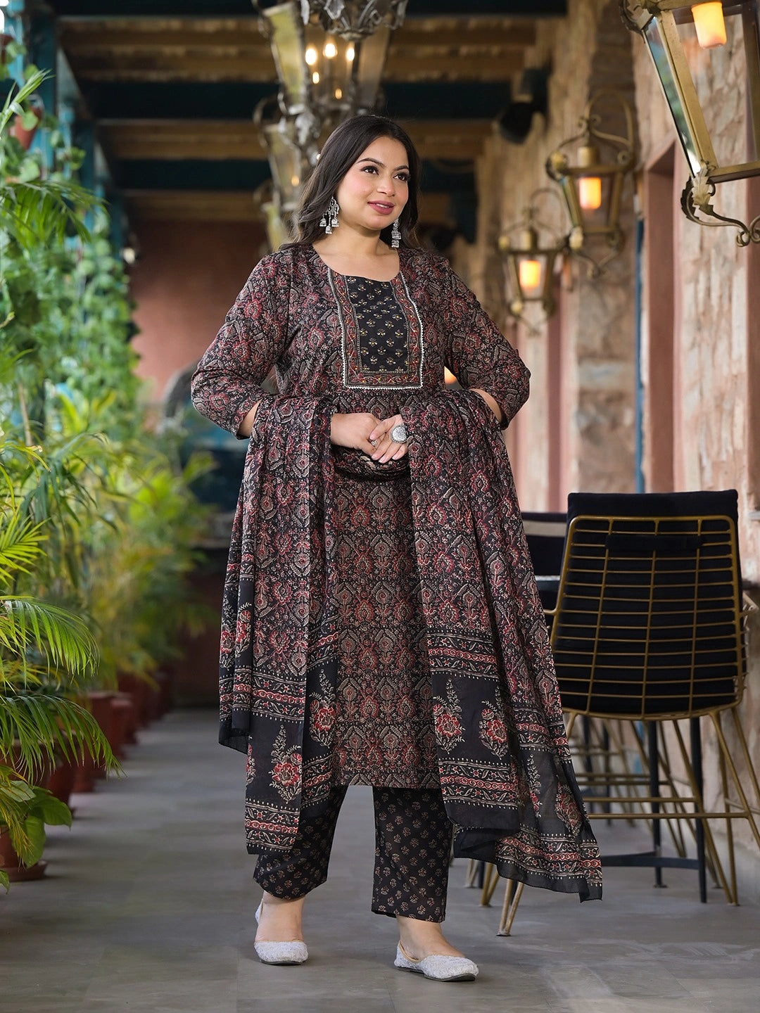 Black & Red Floral Print Straight Plus size Kurta Trouser And Dupatta Set