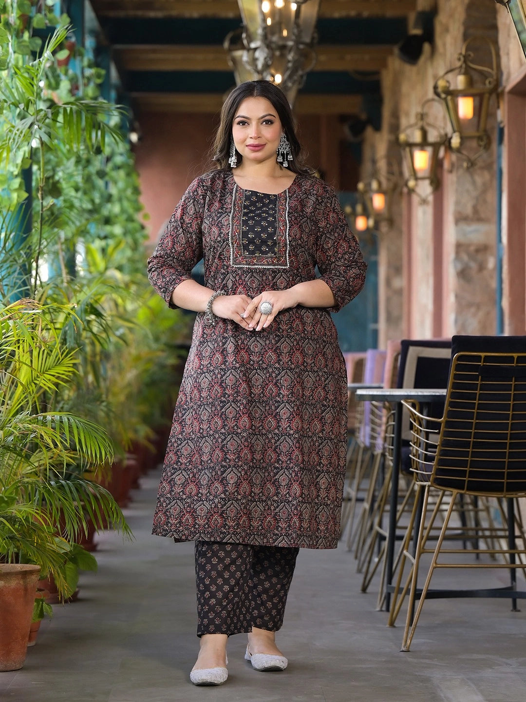 Black & Red Floral Print Straight Plus size Kurta Trouser And Dupatta Set