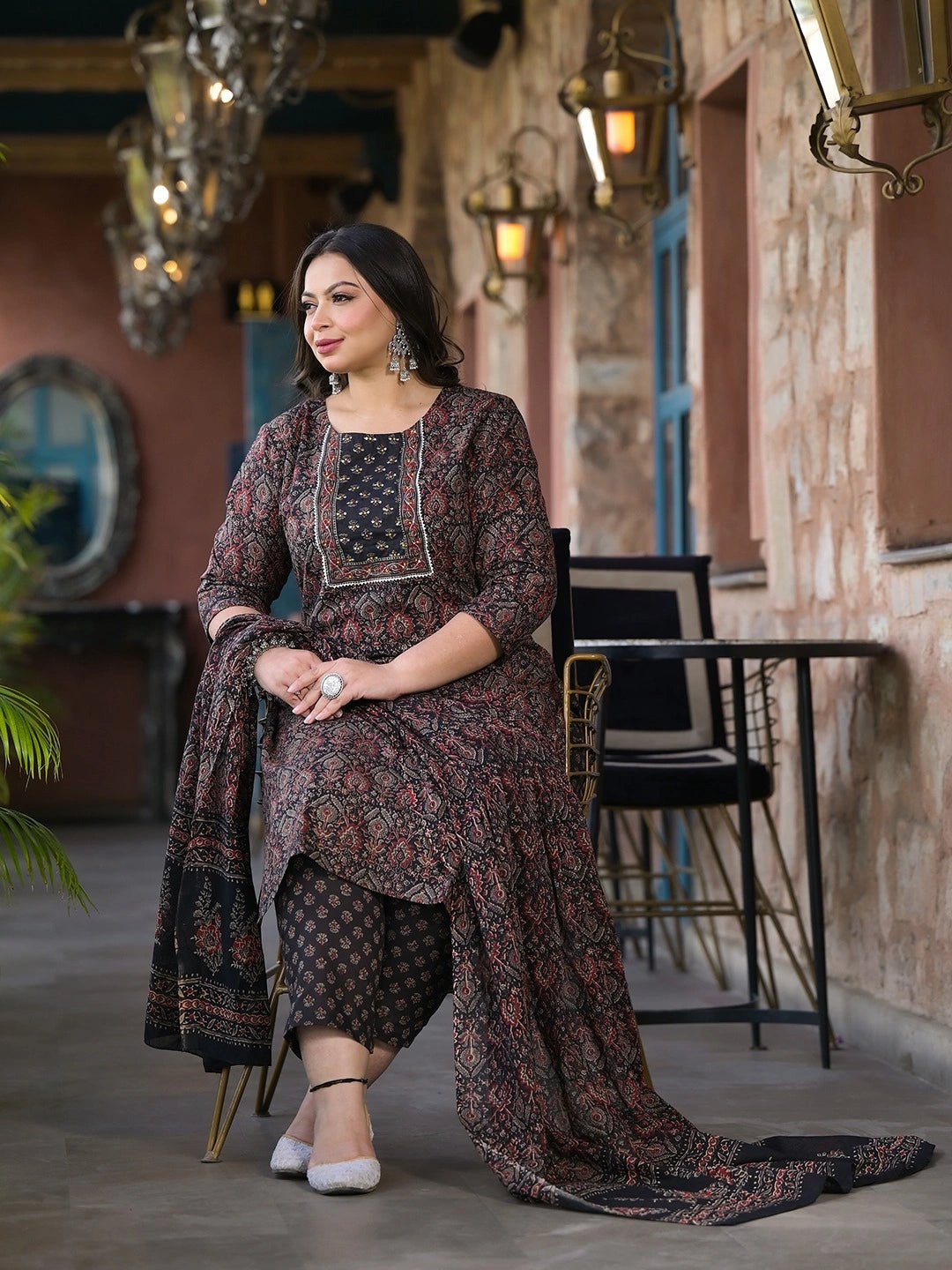 Black & Red Floral Print Straight Plus size Kurta Trouser And Dupatta Set