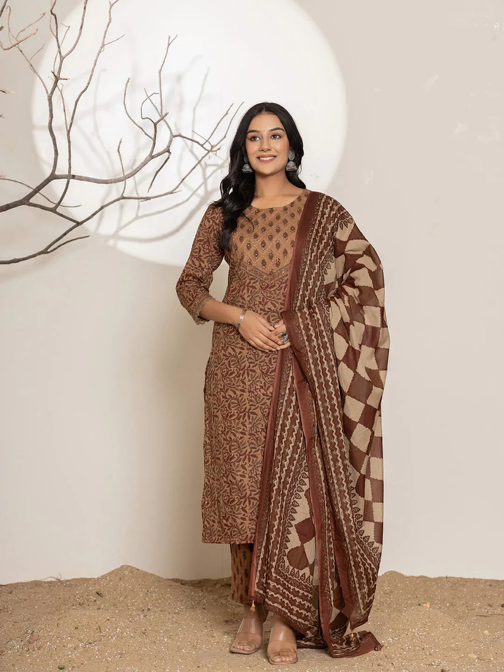Brown Leaf Print Cotton Straight Kurta Dupatta Set