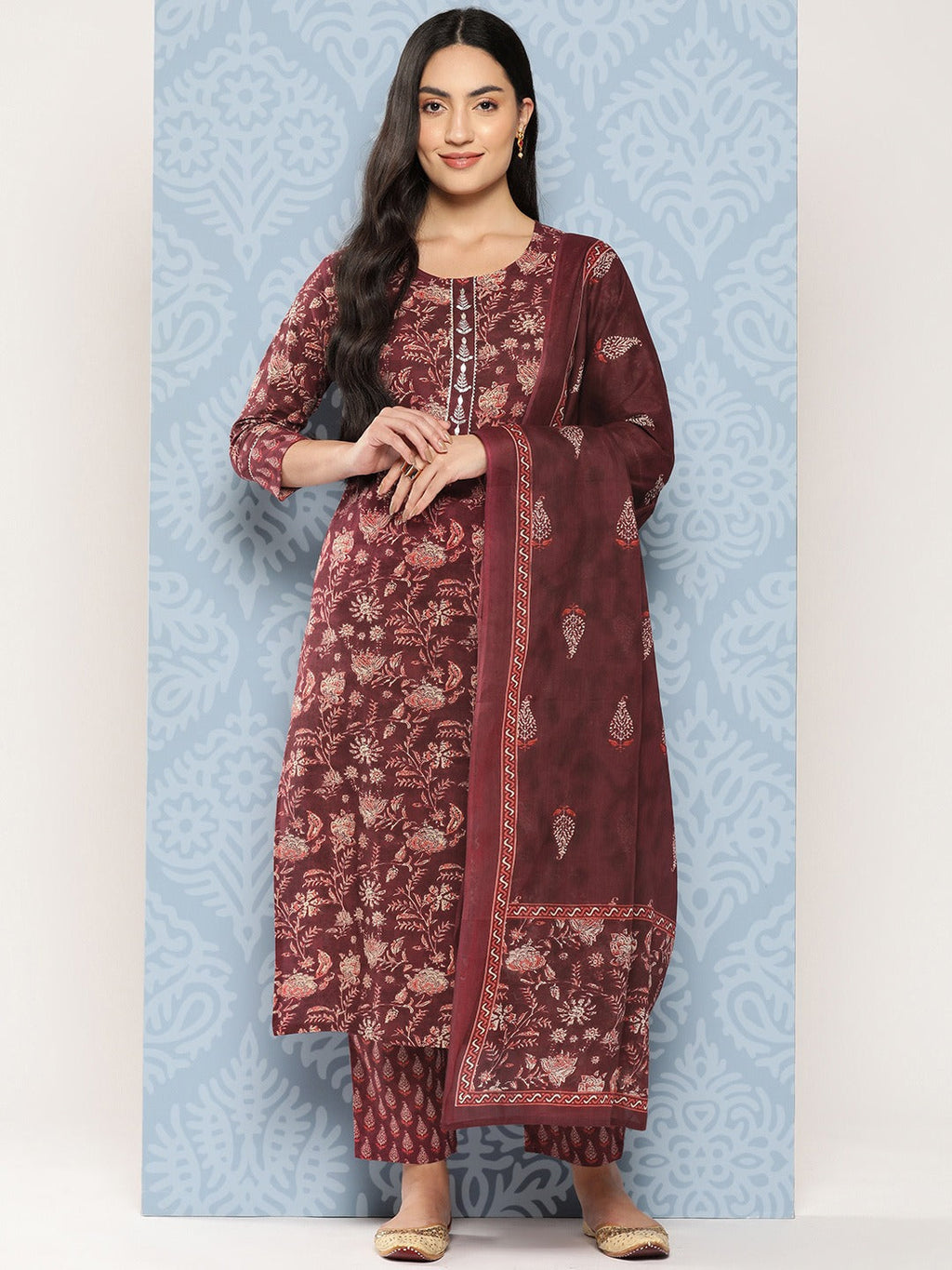 Floral Printed Regular Gotta Patti Pure Cotton Kurta with Trousers & Dupatta