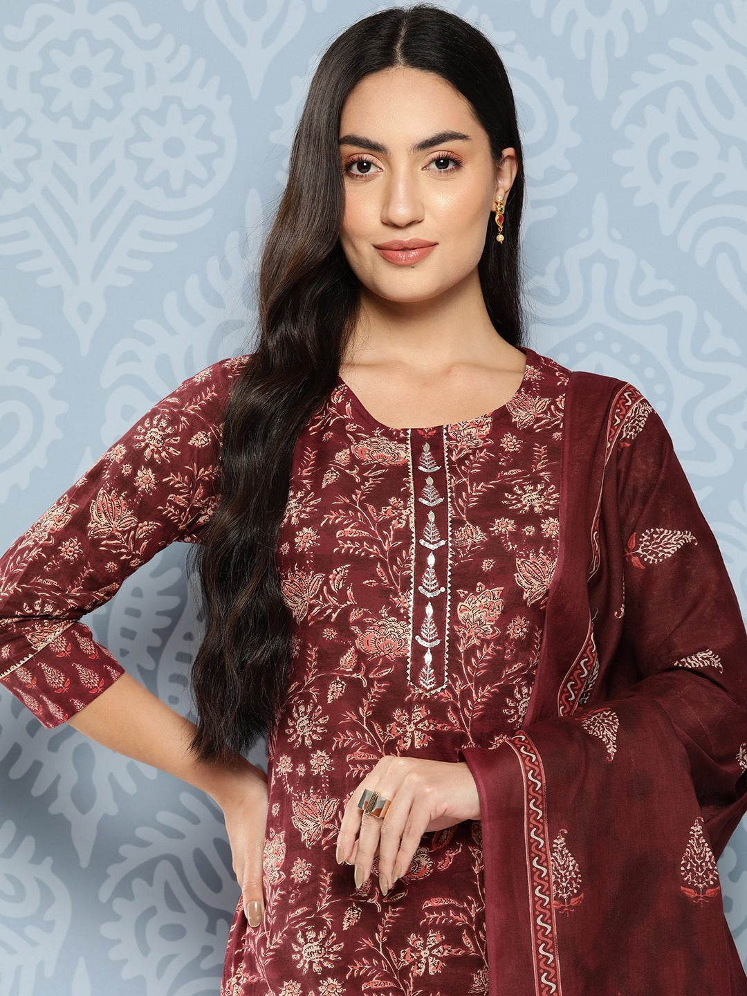Floral Printed Regular Gotta Patti Pure Cotton Kurta with Trousers & Dupatta