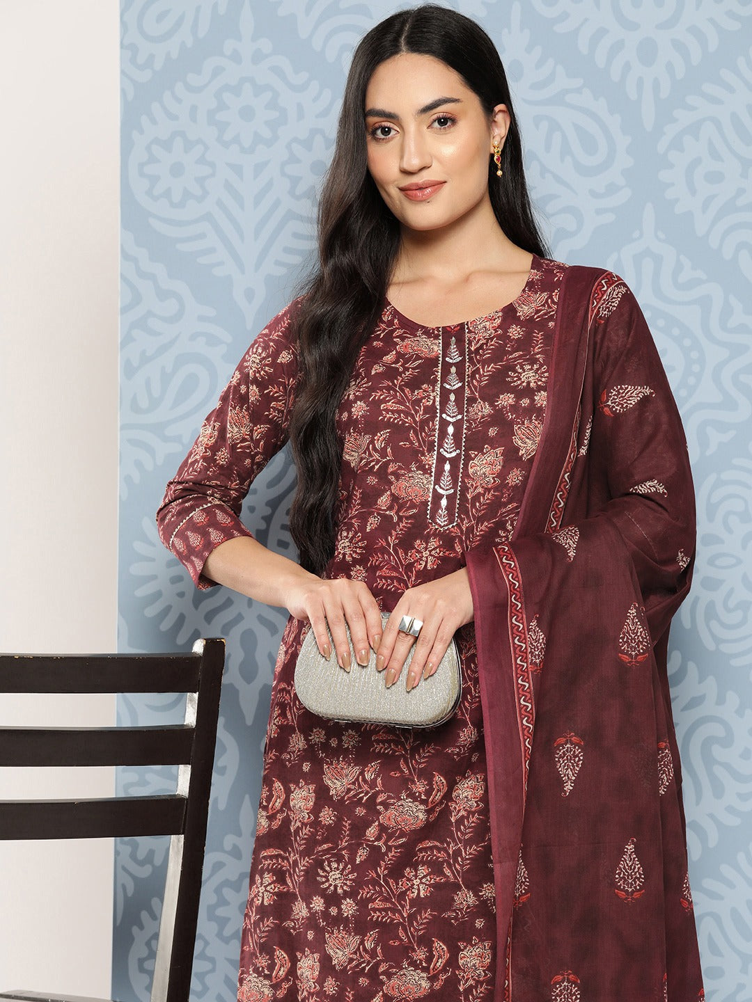 Floral Printed Regular Gotta Patti Pure Cotton Kurta with Trousers & Dupatta