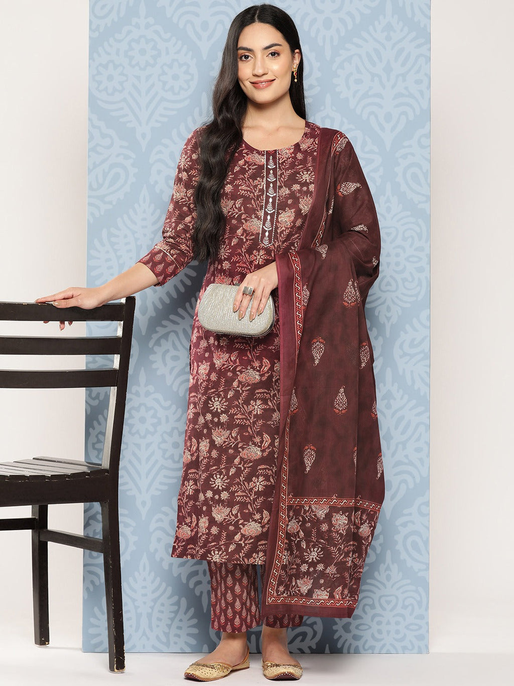 Floral Printed Regular Gotta Patti Pure Cotton Kurta with Trousers & Dupatta