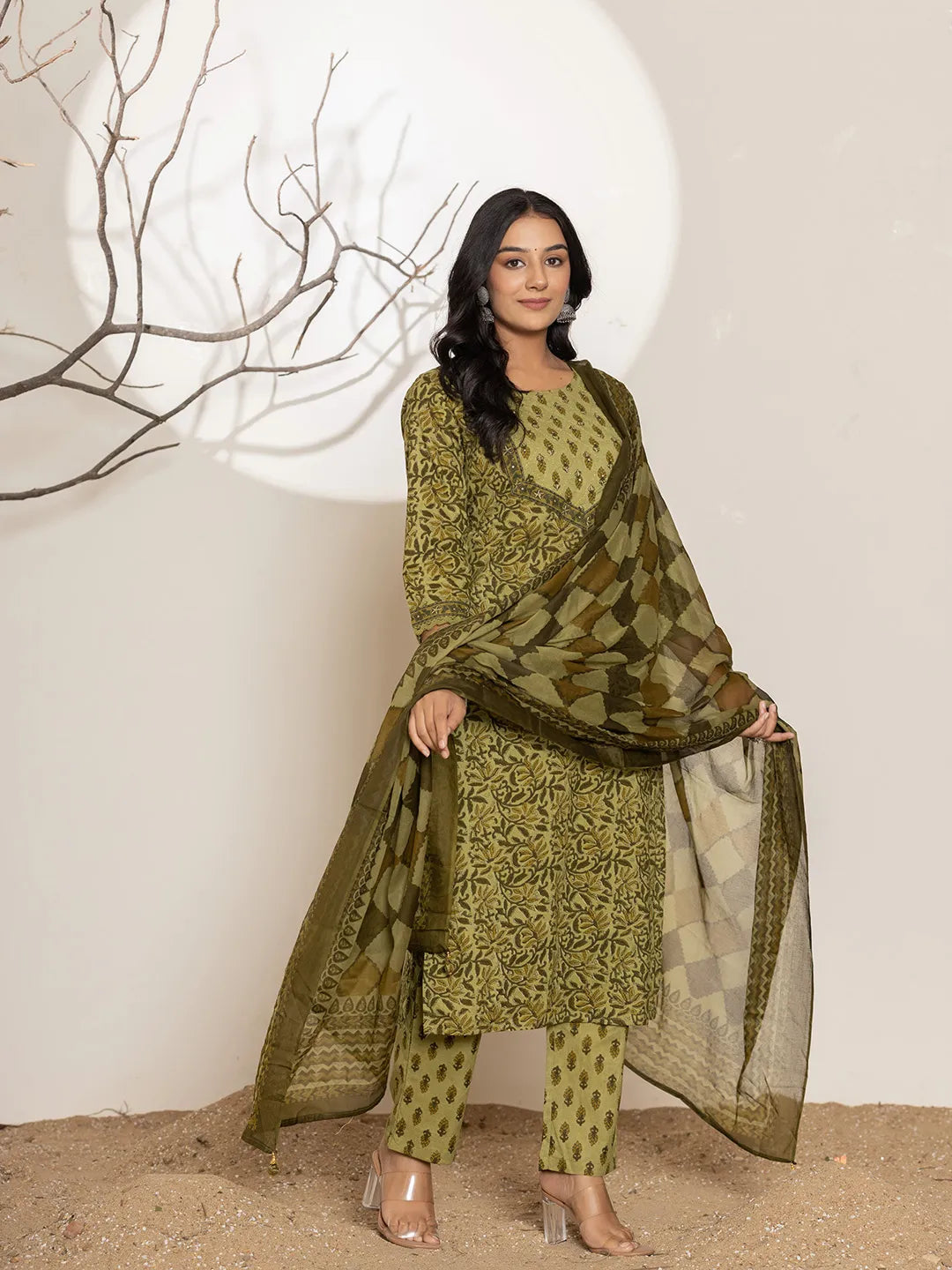 Green Leaf Print Cotton Straight Kurta Dupatta Set