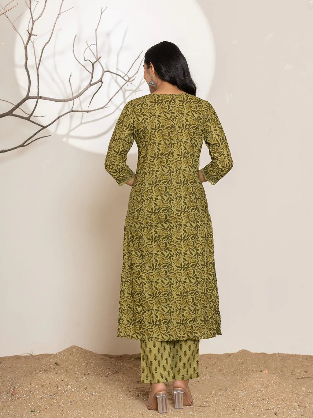 Green Leaf Print Cotton Straight Kurta Dupatta Set