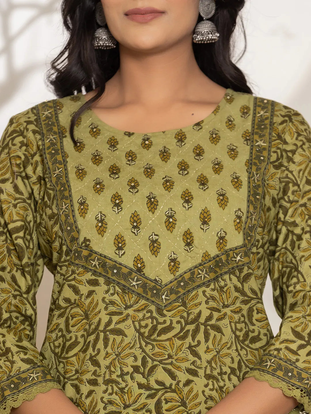 Green Leaf Print Cotton Straight Kurta Dupatta Set