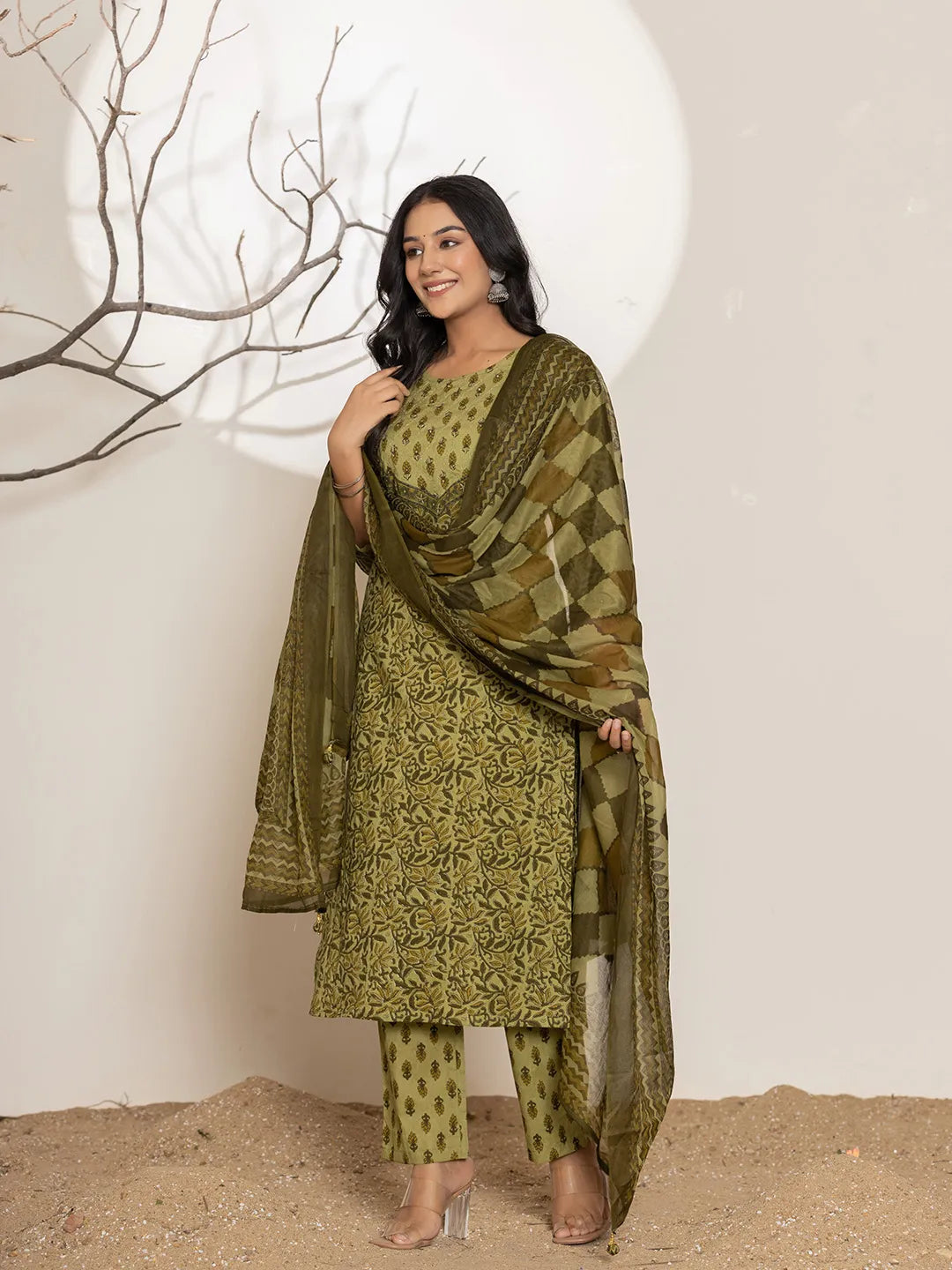 Green Leaf Print Cotton Straight Kurta Dupatta Set