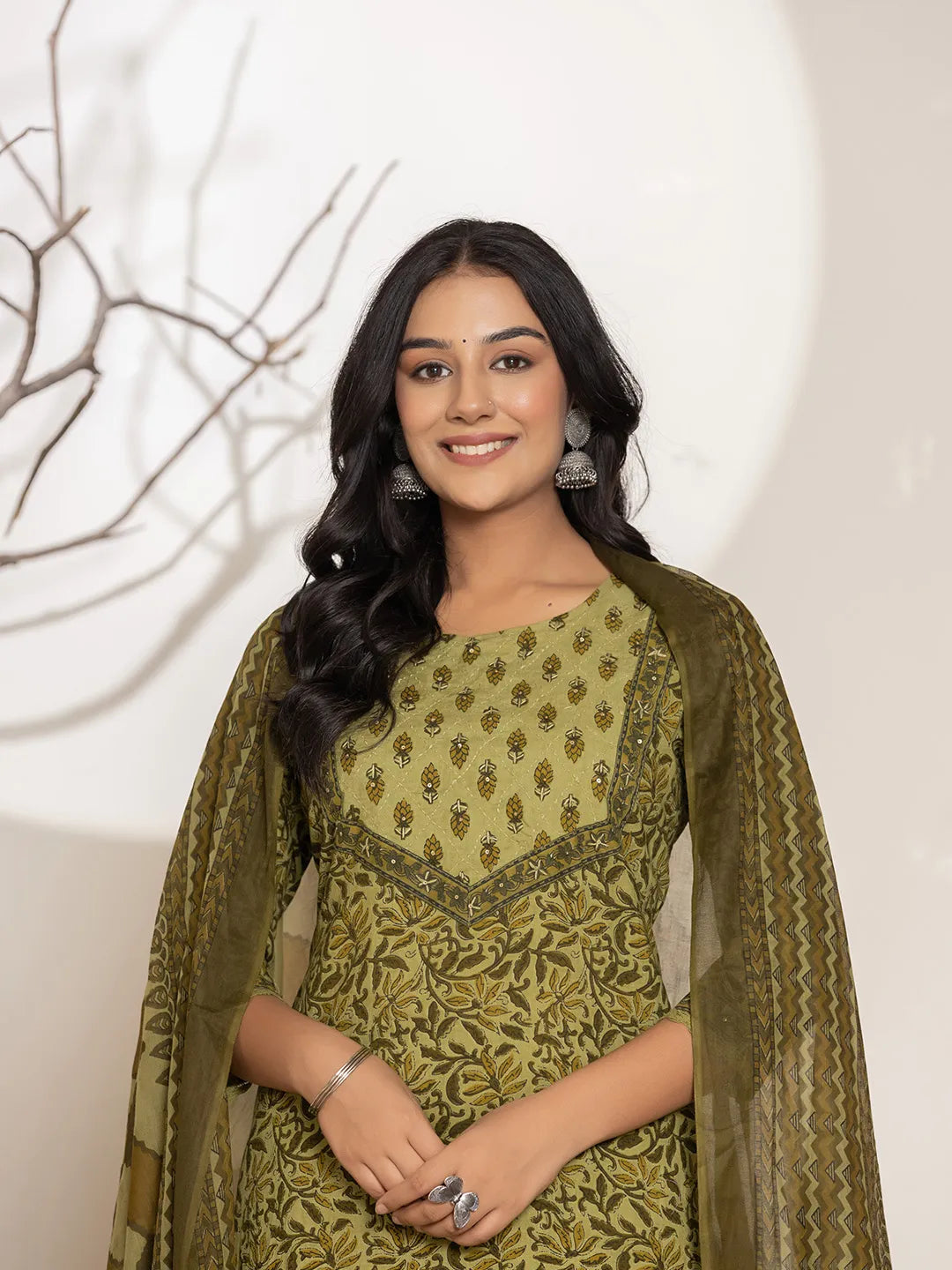Green Leaf Print Cotton Straight Kurta Dupatta Set