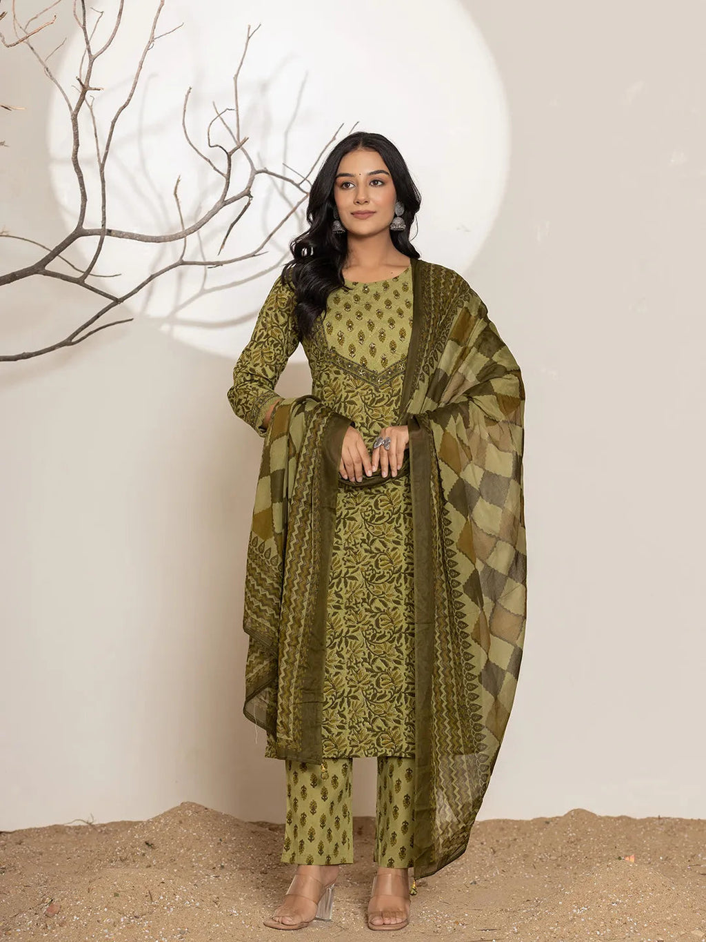 Green Leaf Print Cotton Straight Kurta Dupatta Set