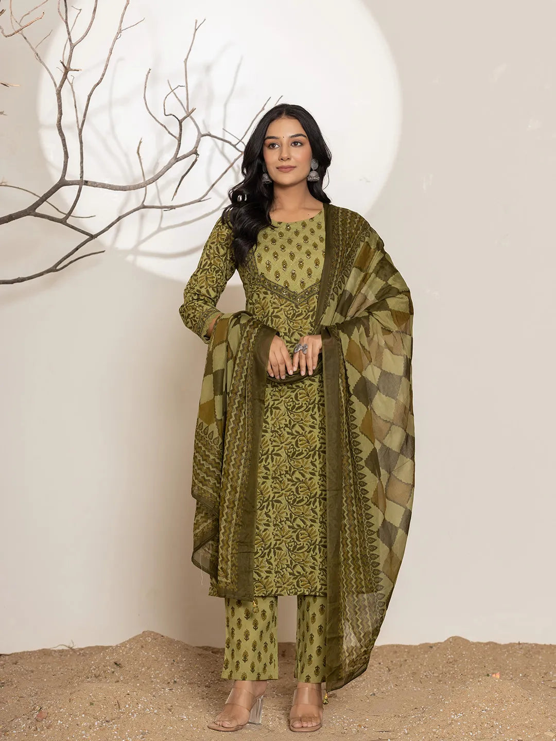 Green Leaf Print Cotton Straight Kurta Dupatta Set