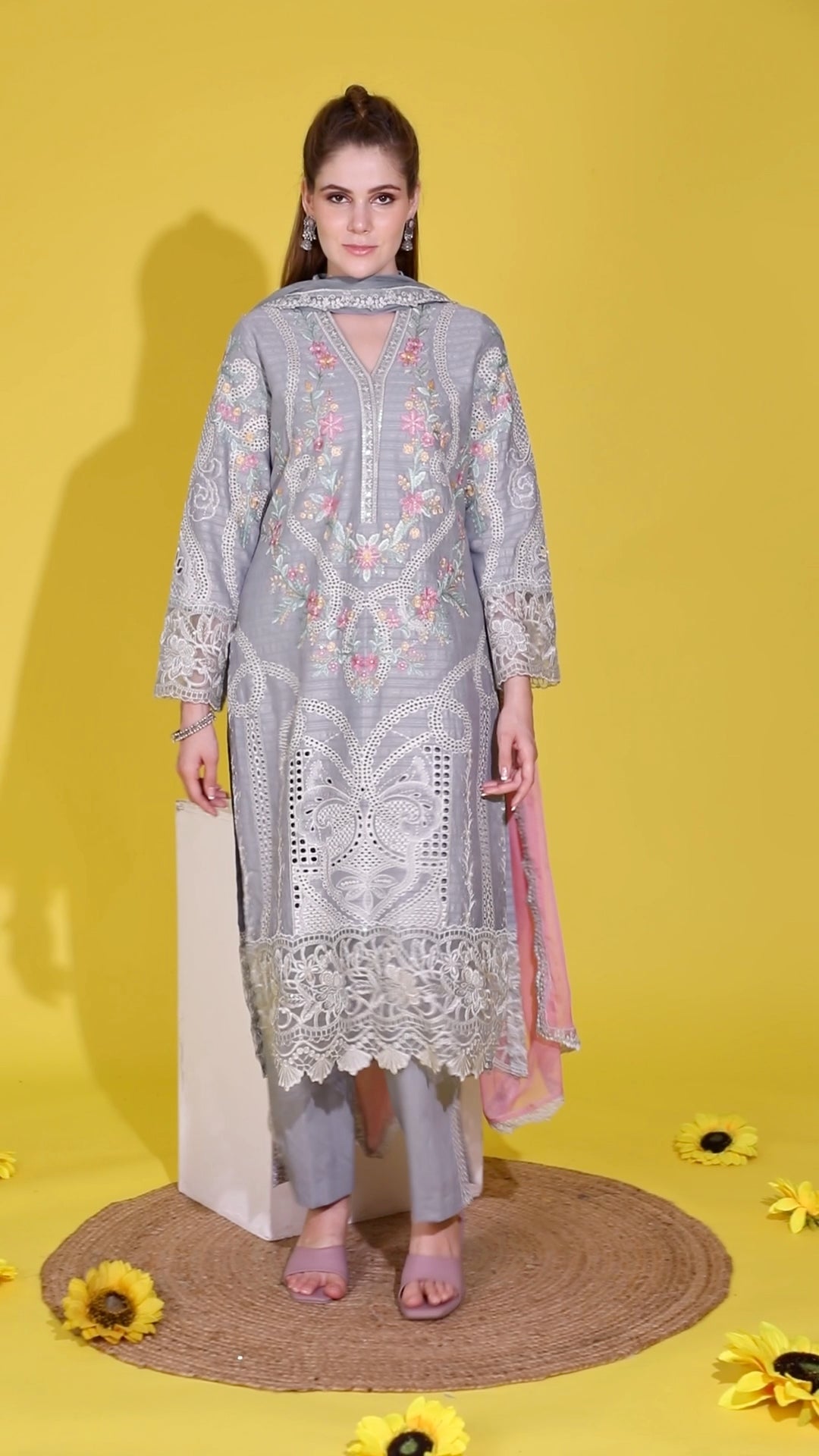 Bluish Gray Schiffli Sequin Kurta Set