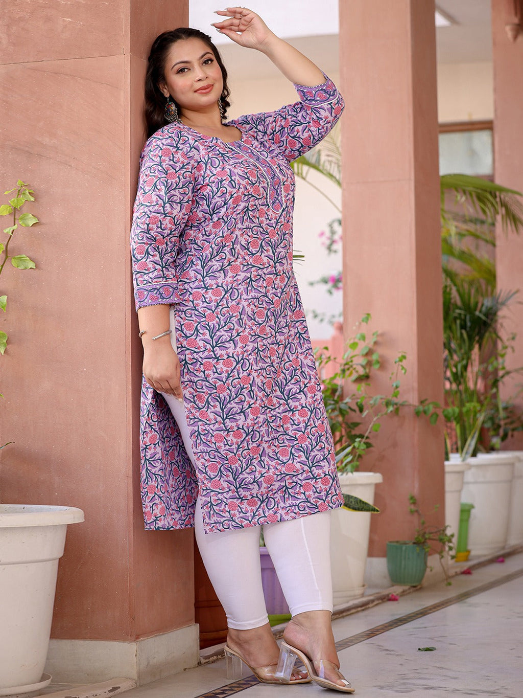 Lavender & Pink Floral Printed Plus Size Kurta