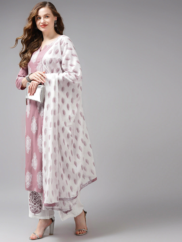 Mauve & Offwhite Printed Dupatta Set