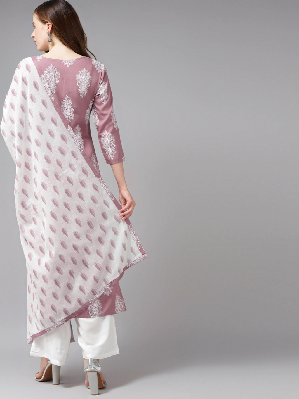 Mauve & Offwhite Printed Dupatta Set