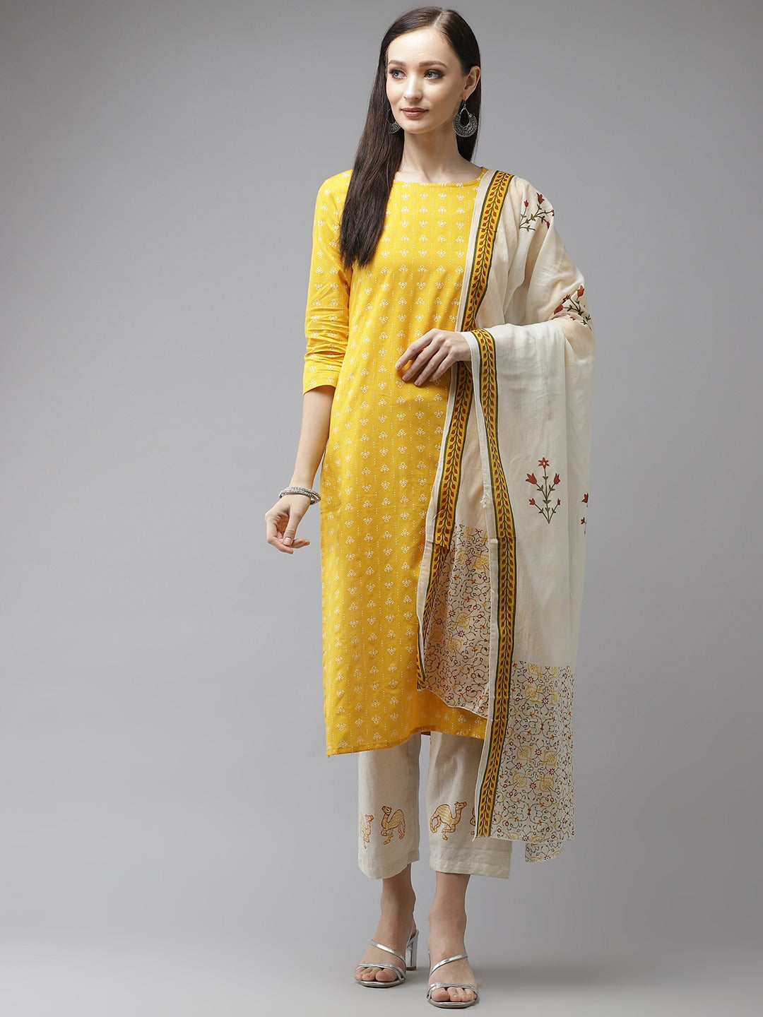 Mustard & Offwhite Printed Dupatta Set
