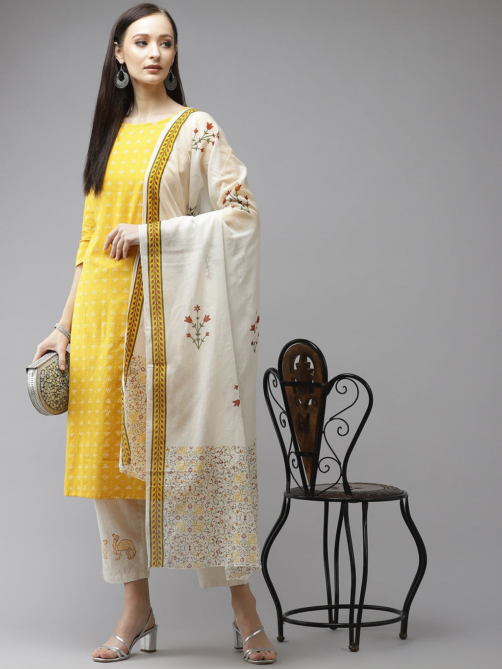 Mustard & Offwhite Printed Dupatta Set