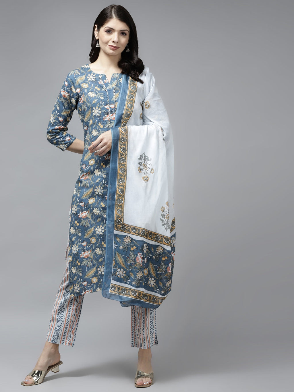 Navy Blue Ethnic Motifs Printed Dupatta Set
