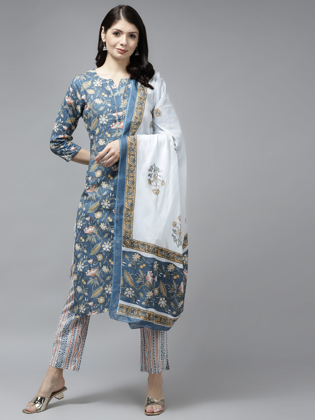 Navy Blue Ethnic Motifs Printed Dupatta Set