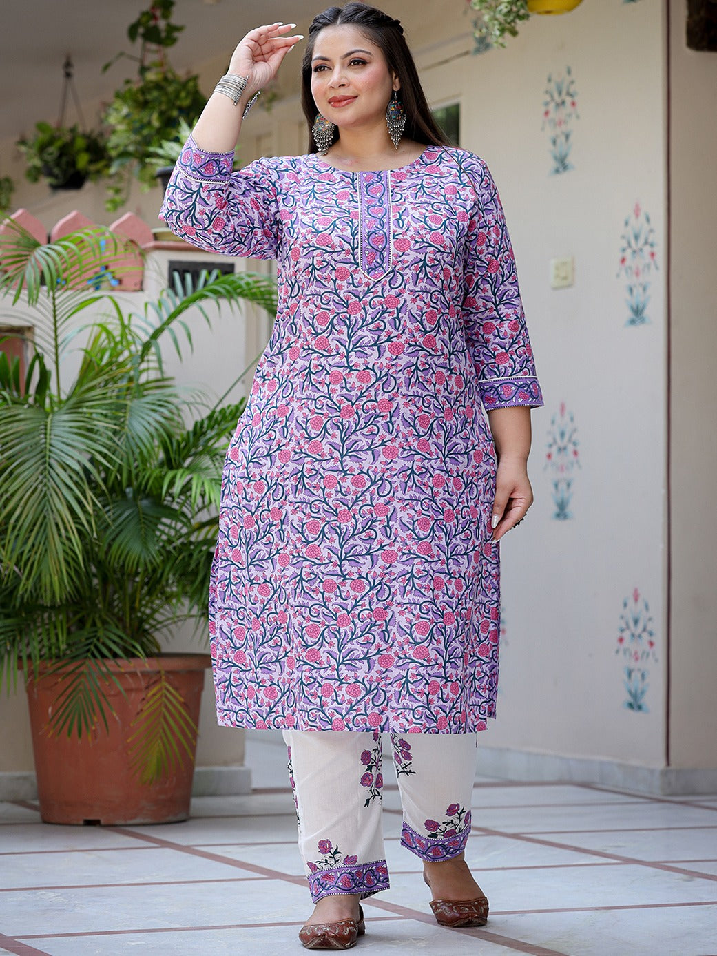 Plus Size Lavender & White Printed Dupatta Set