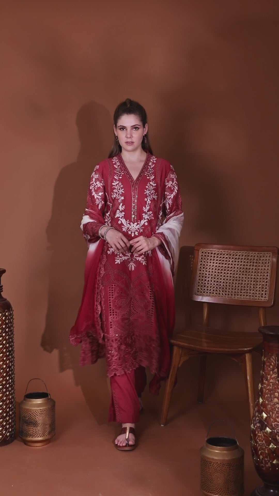 Cotton Rust Colour Embroidered Women Kurta set