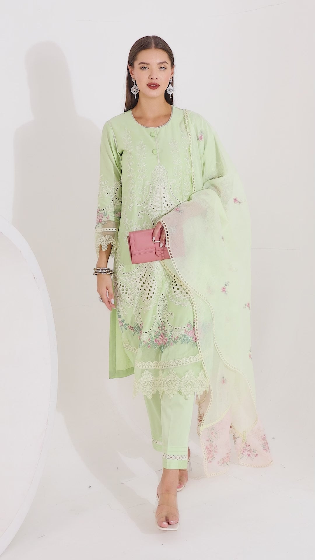 Green Cotton Lawn Cutwork Schiffli Sequin Embroidered Pakistani Suit