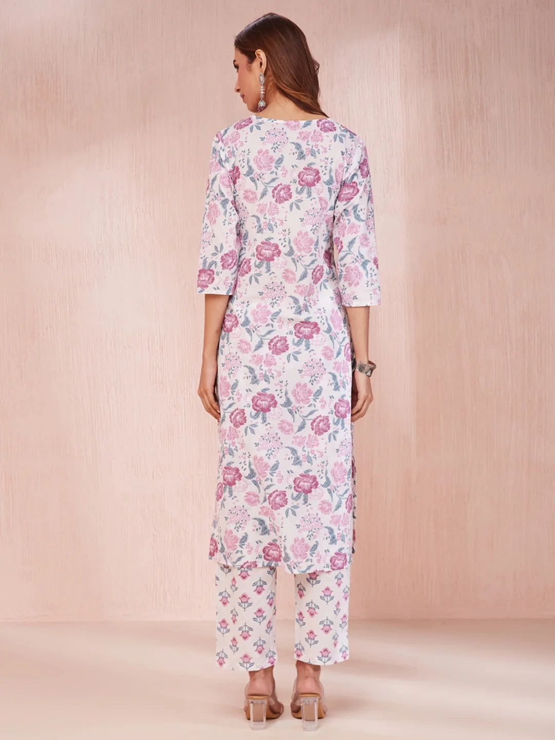 Purple And White Floral Print V Neck Straight Kurta Trouser Set