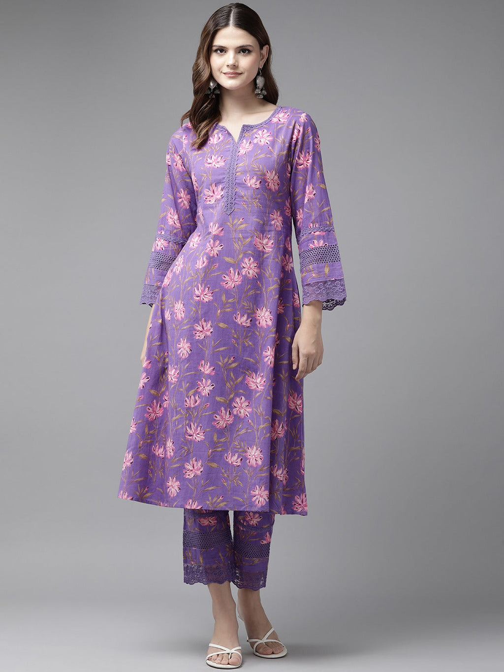 Purple Pure Cotton kurta set with embroidery Kurta Trouser Set