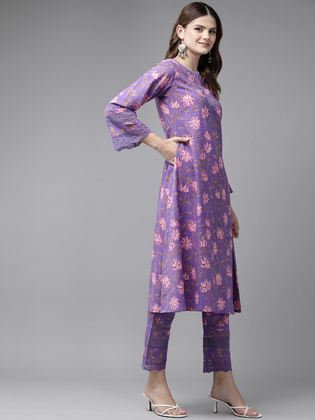 Purple Pure Cotton kurta set with embroidery Kurta Trouser Set