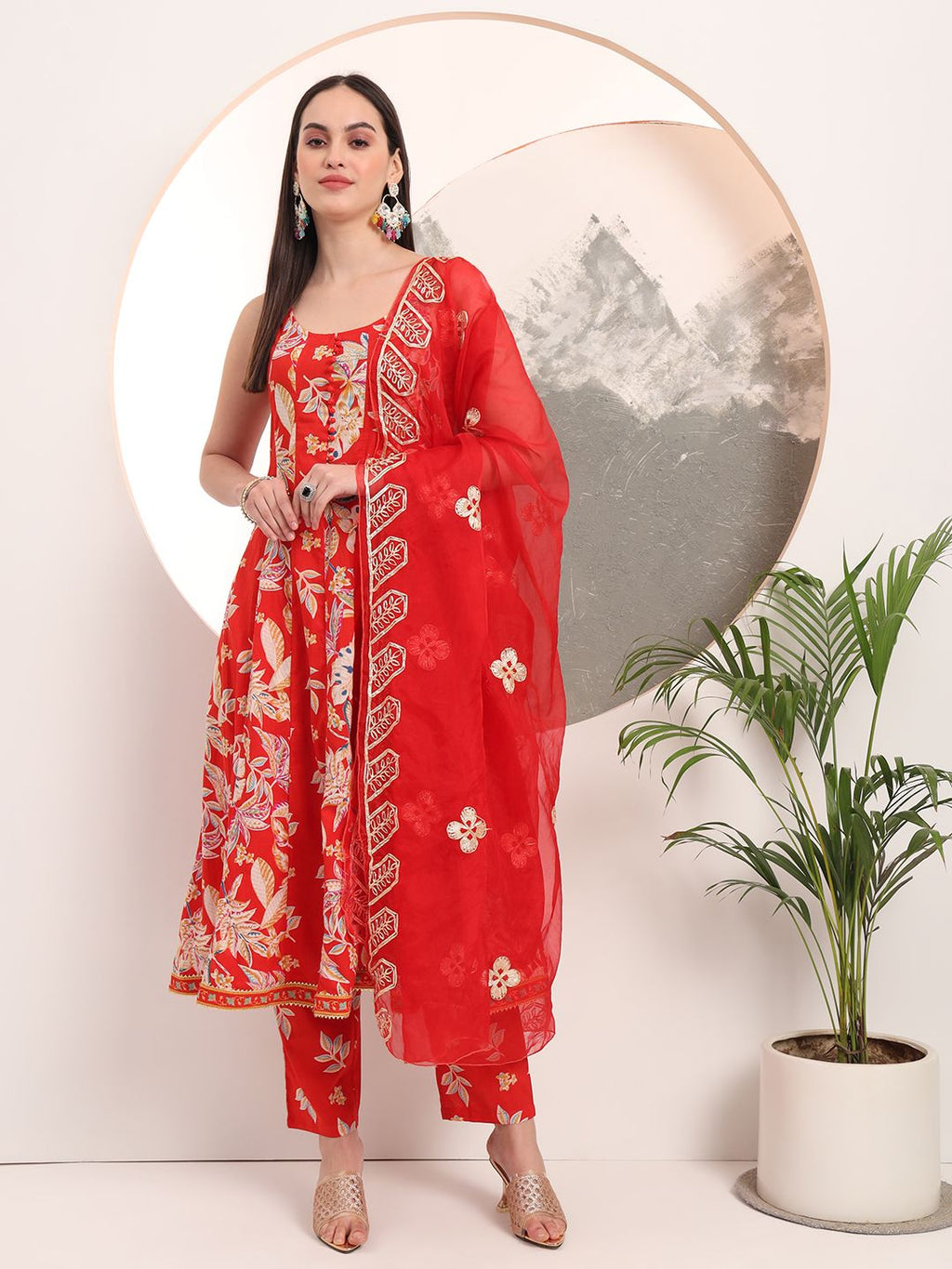Red Floral Print Anarkali Style Kurta Trouser And Dupatta Set