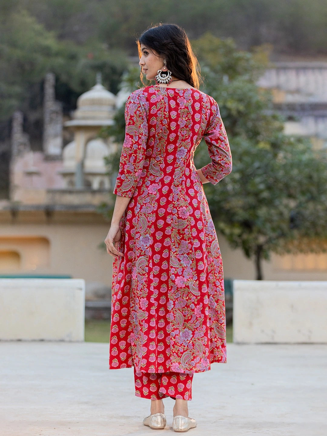 Red Floral Print Regular Sleeves Anarkali Kurta Trouser And Dupatta Set