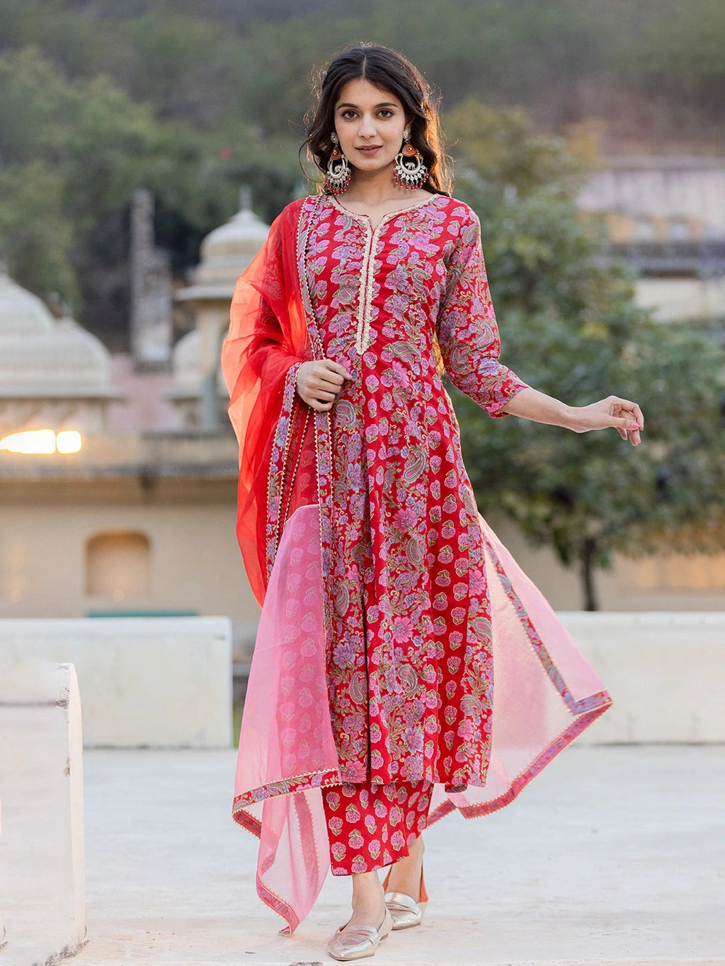 Red Floral Print Regular Sleeves Anarkali Kurta Trouser And Dupatta Set
