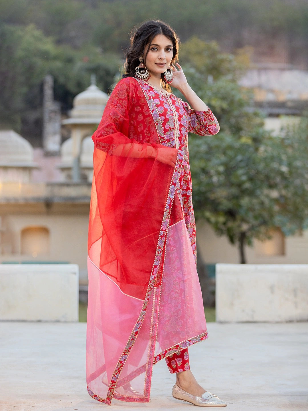 Red Floral Print Regular Sleeves Anarkali Kurta Trouser And Dupatta Set