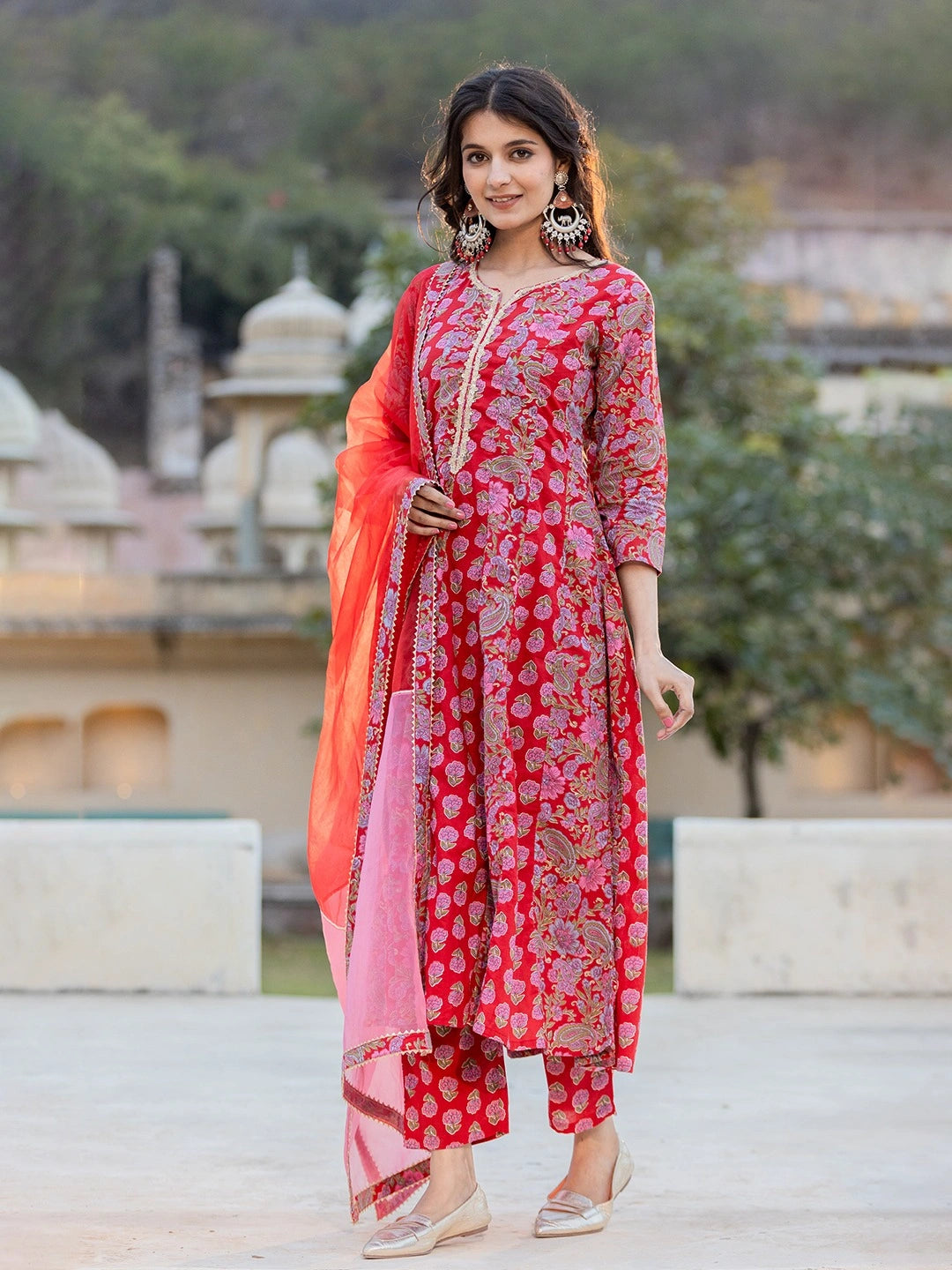 Red Floral Print Regular Sleeves Anarkali Kurta Trouser And Dupatta Set