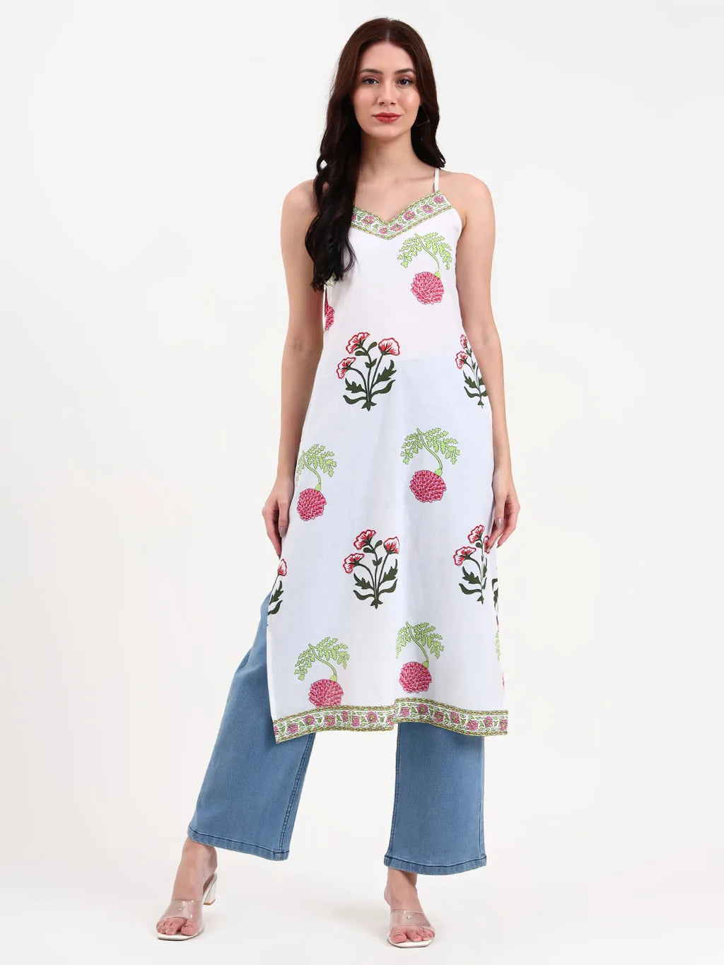 White Floral Block Print Cotton Straight Kurta