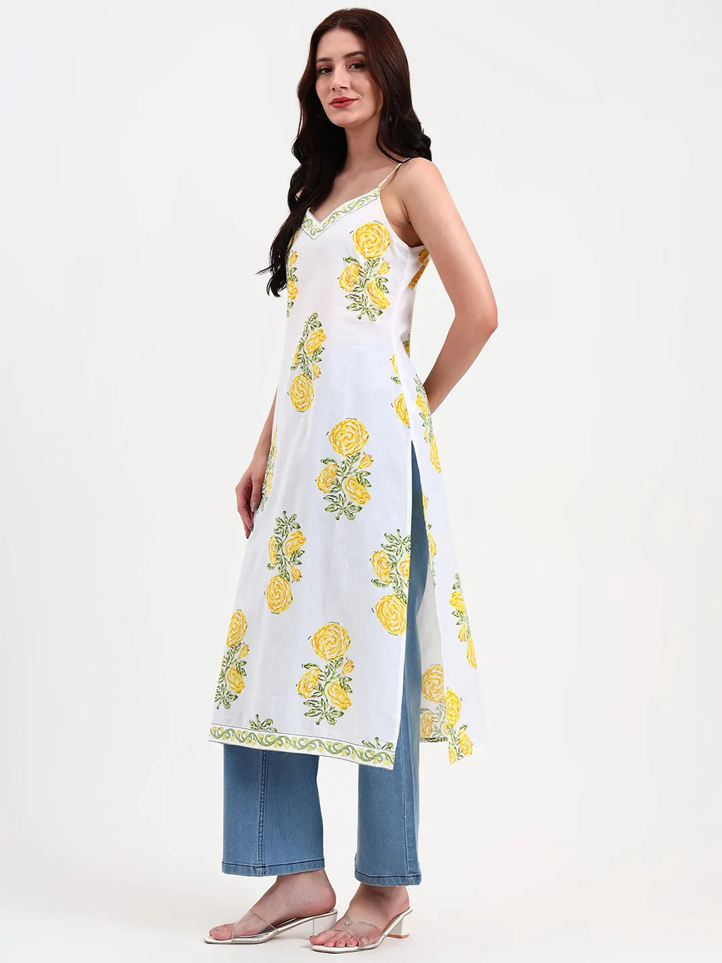 White Floral Print Cotton Straight Kurta