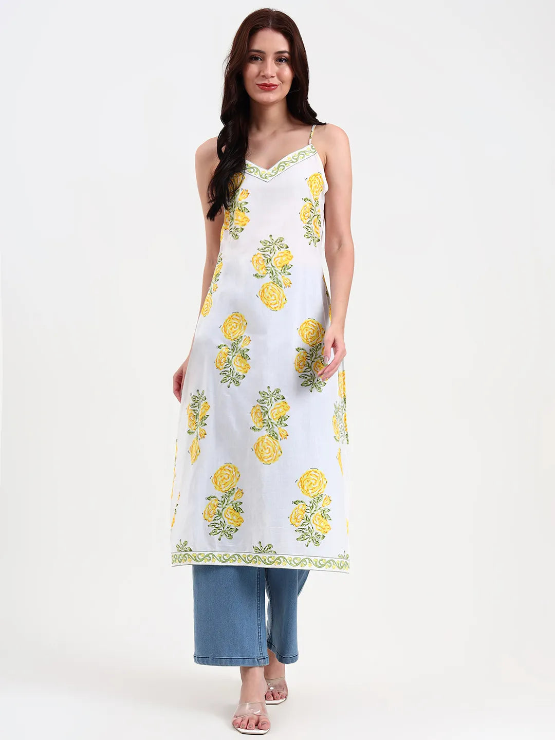 White Floral Print Cotton Straight Kurta