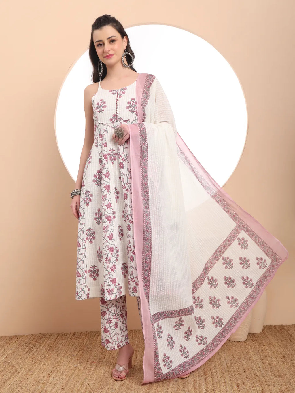 White Pure Cotton Anarkali Kurta Set With Dupatta