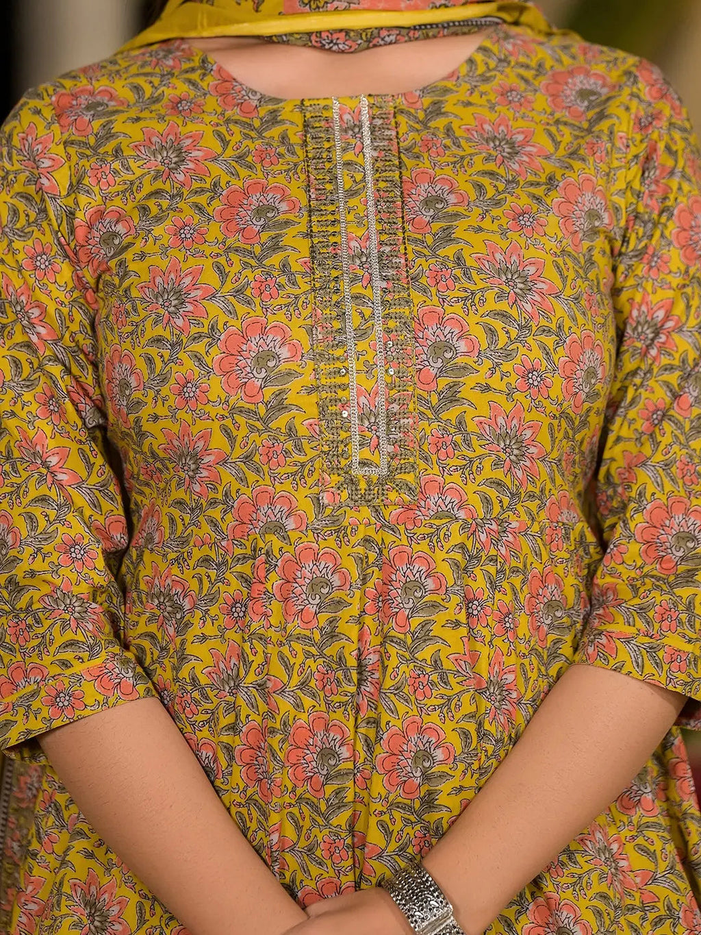 Yellow Thread Work Cotton Anarkali Style Kurta And Trousers With Dupatta Set