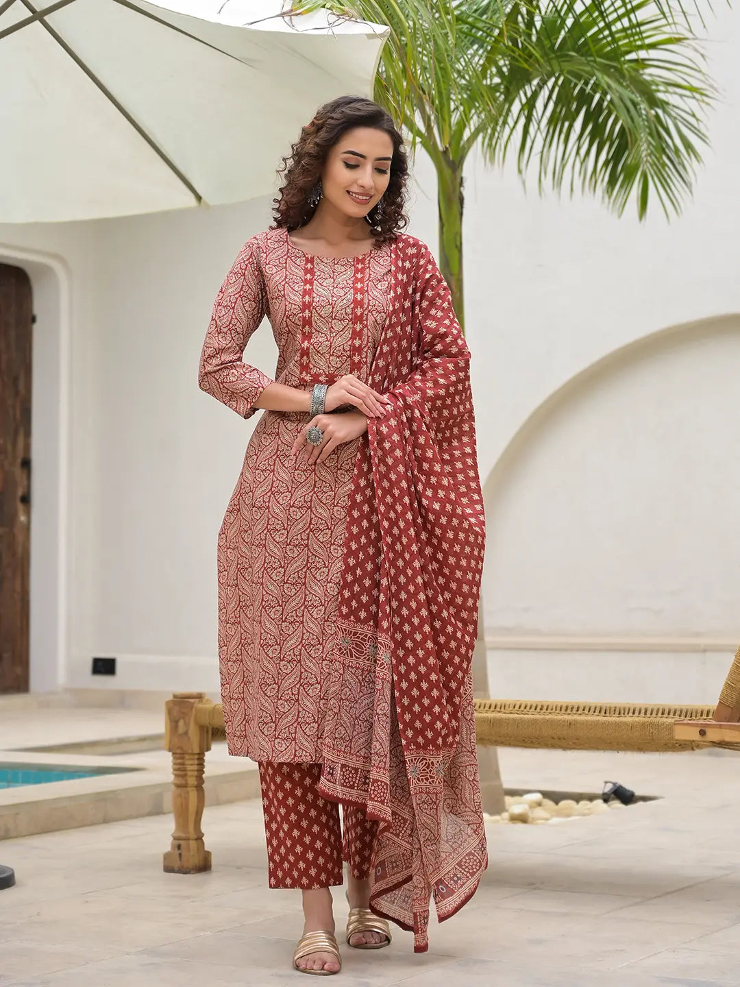 Eksilai Embroidered Printed Maroon Cotton Kurta Set With Dupatta Set