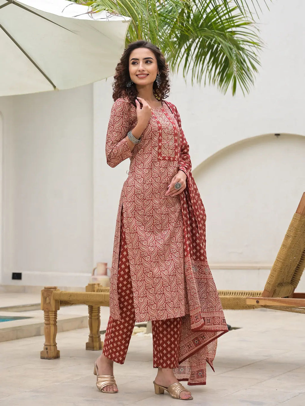 Eksilai Embroidered Printed Maroon Cotton Kurta Set With Dupatta Set