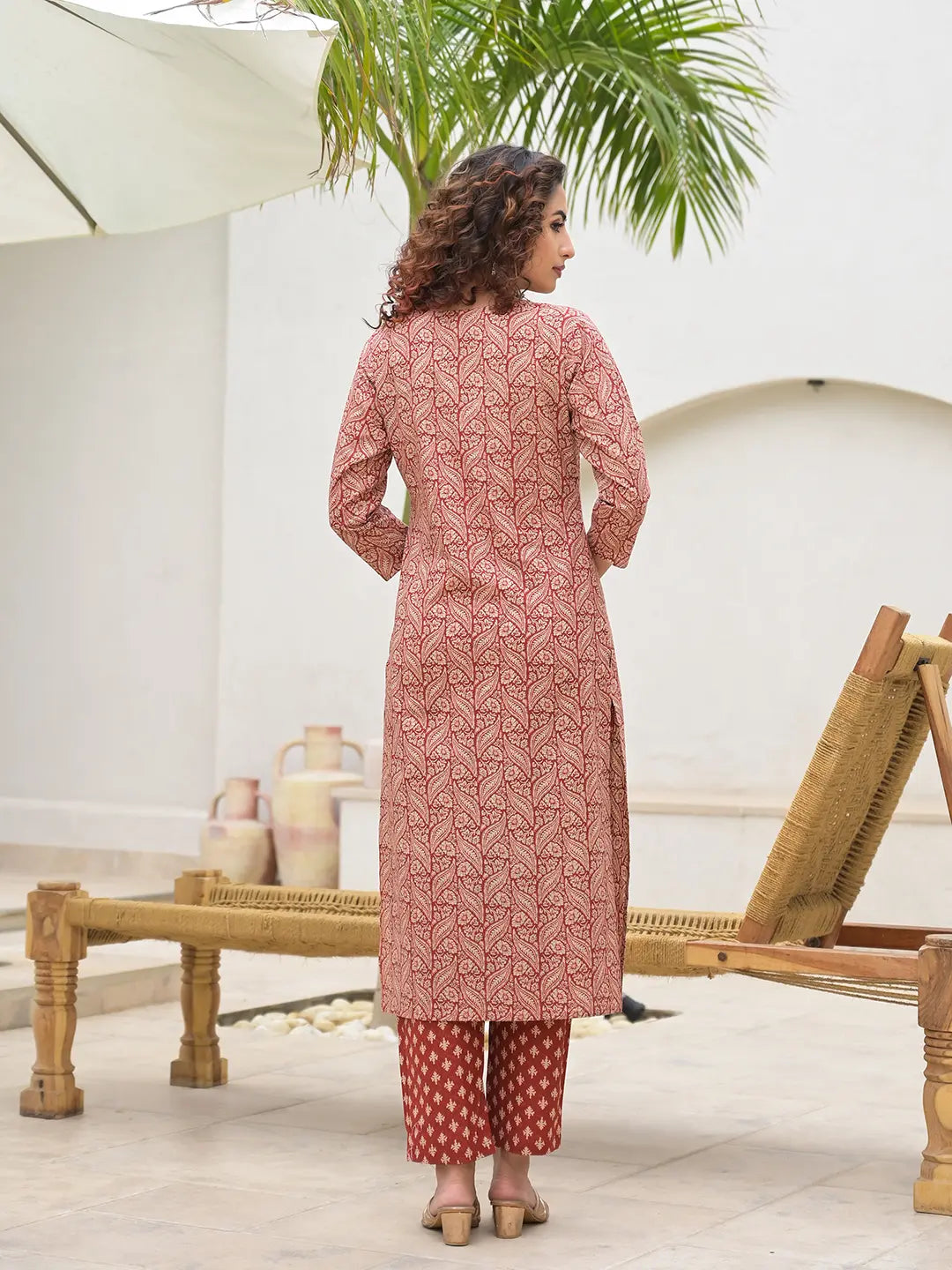 Yufta Embroidered Printed Maroon Cotton Kurta Set With Dupatta Set