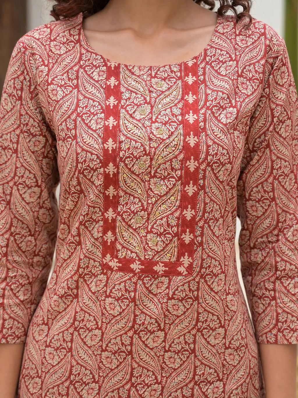 Yufta Embroidered Printed Maroon Cotton Kurta Set With Dupatta Set