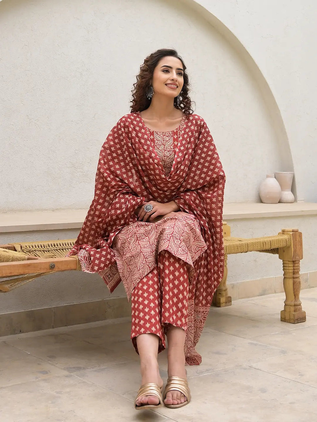 Yufta Embroidered Printed Maroon Cotton Kurta Set With Dupatta Set
