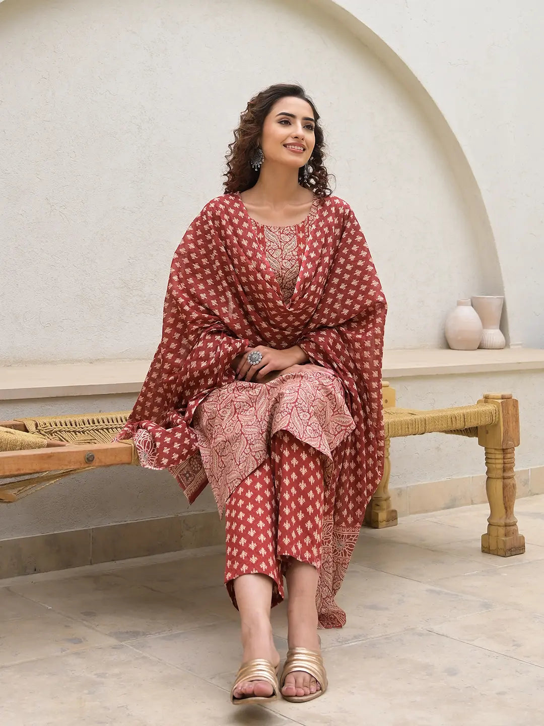 Yufta Embroidered Printed Maroon Cotton Kurta Set With Dupatta Set