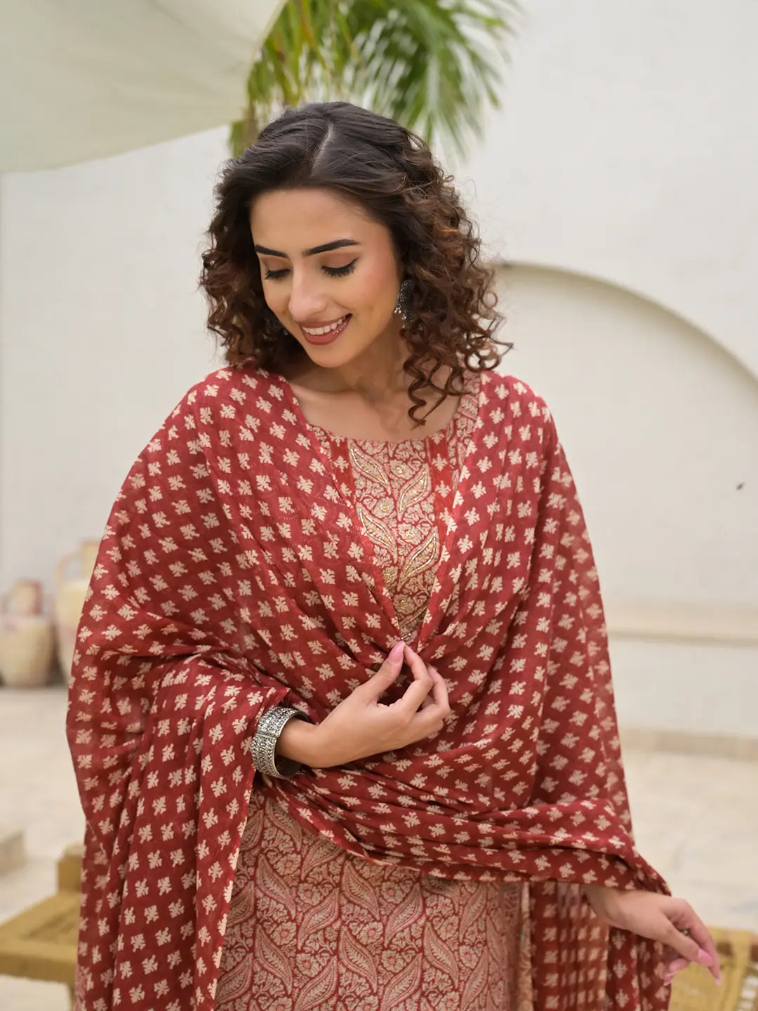 Yufta Embroidered Printed Maroon Cotton Kurta Set With Dupatta Set